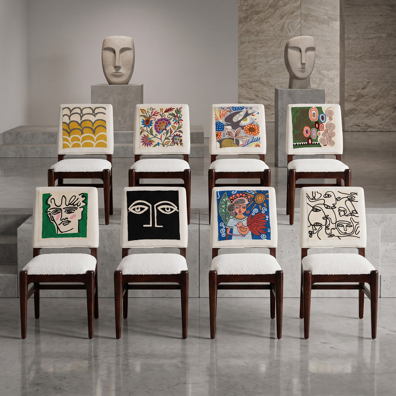 Graphic Face Acacia Wood Bouclé Dining Chair