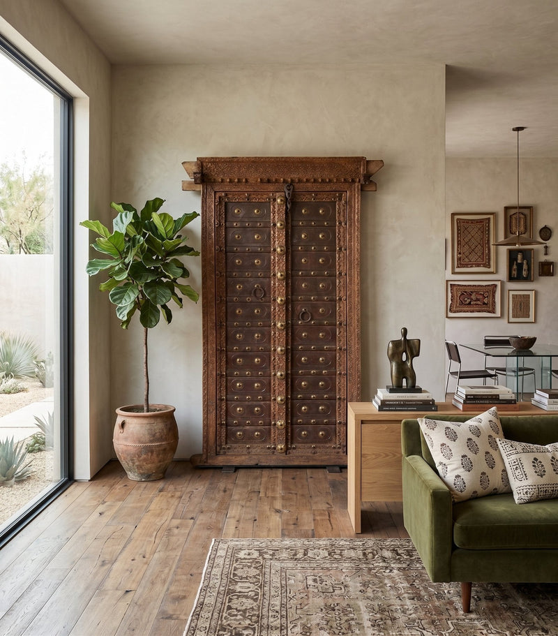 Brass-Studded Hand-Carved Haveli Door by Studio Vastu