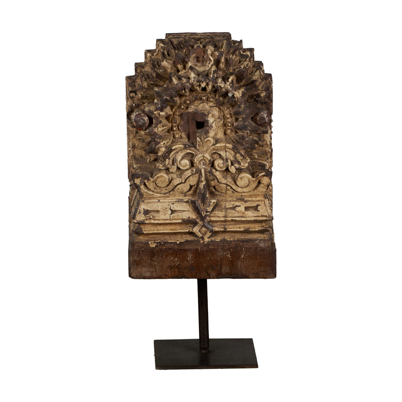 Carved Wood Jharokha-Style Accent Fragment on Iron Stand by Studio Vastu