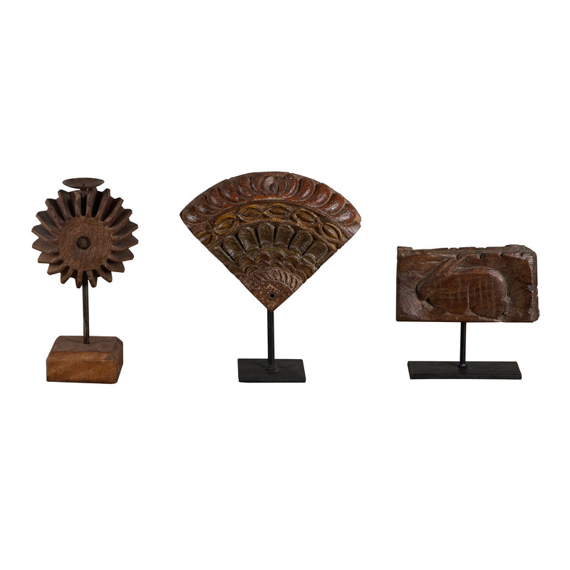 Carved Wooden Textile Block Fragments on Stand by Studio Vastu