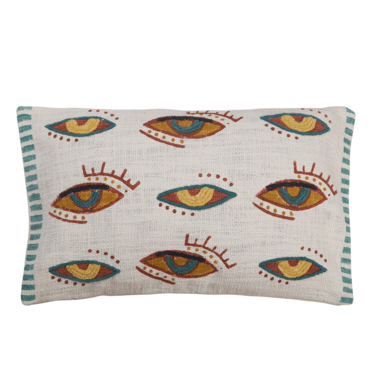 Embroidered Eye Motif Cotton Lumbar Pillow by Studio Vastu