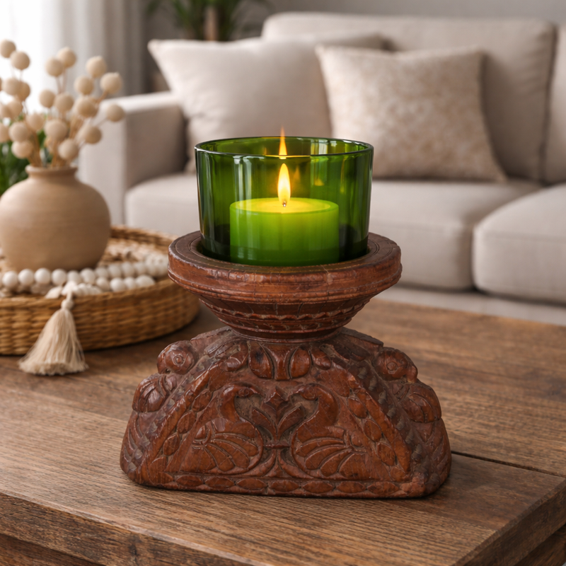 Foliate Carved Teak Wood Pedestal Base by Studio Vastu