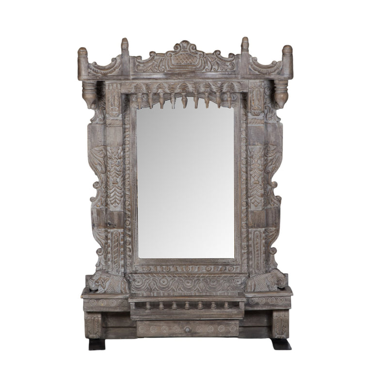 Grey Carved Wood Jharokha Mirror by Studio Vastu