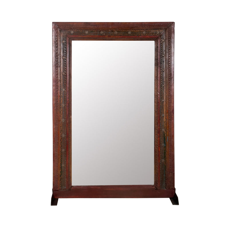 Iron-Studded Carved Wood Floor Mirror by Studio Vastu