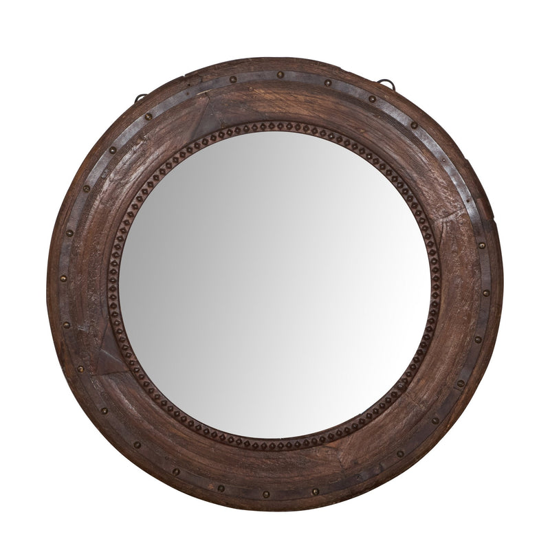 Iron-Studded Vintage Reclaimed Wooden Wheel Mirror by Studio Vastu