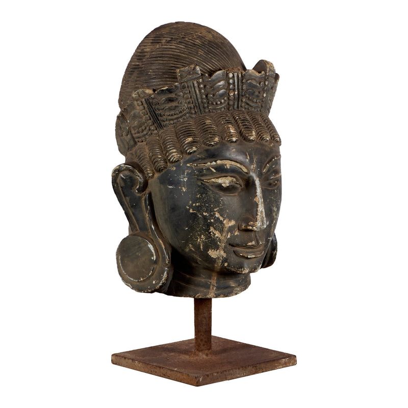 Stone Deity Head on Iron Stand by Studio Vastu