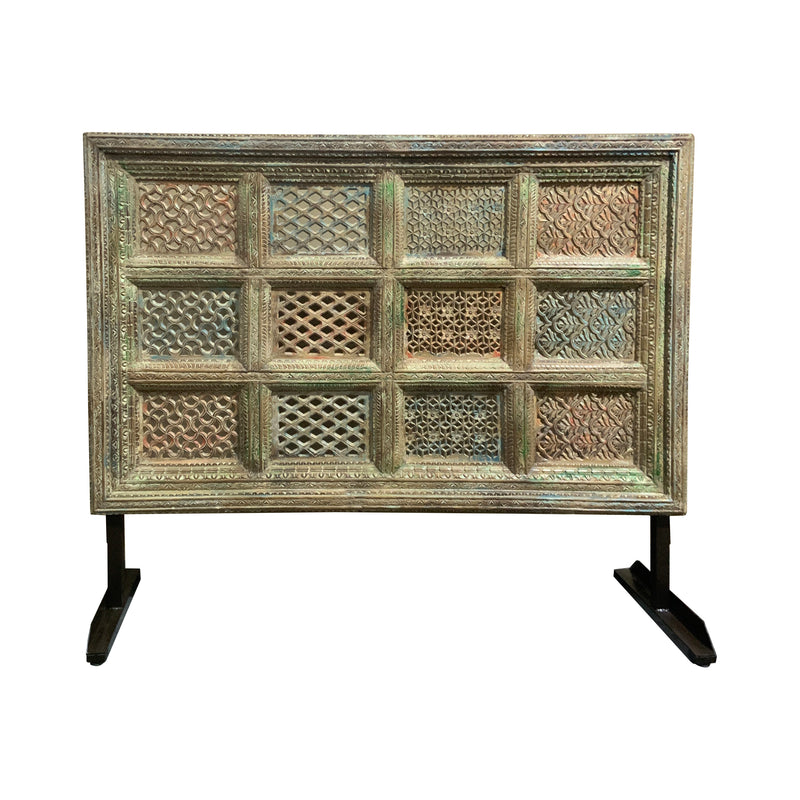 Carved Mango Wood Panel on Iron Stand