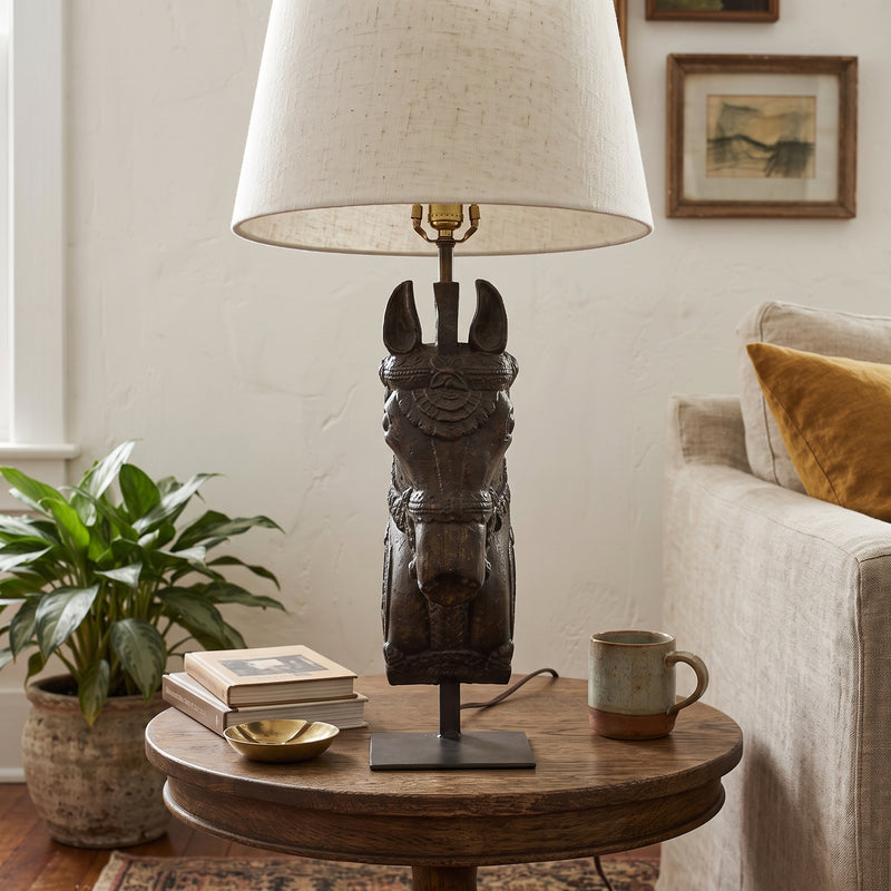 Carved Horse Wood and Iron Lamp