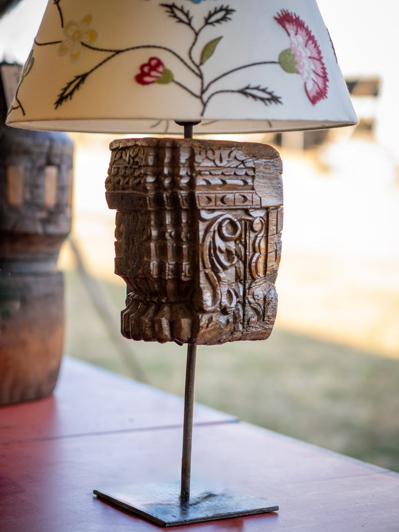 Carved Teak Pillar Table Lamp