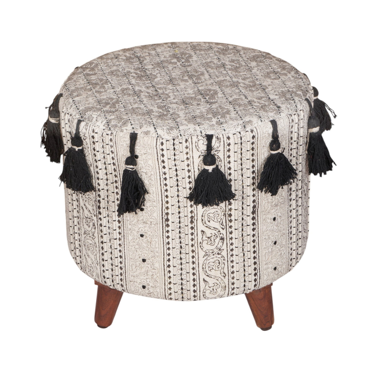 Block-Printed Tasseled Cotton Ottoman by Studio Vastu