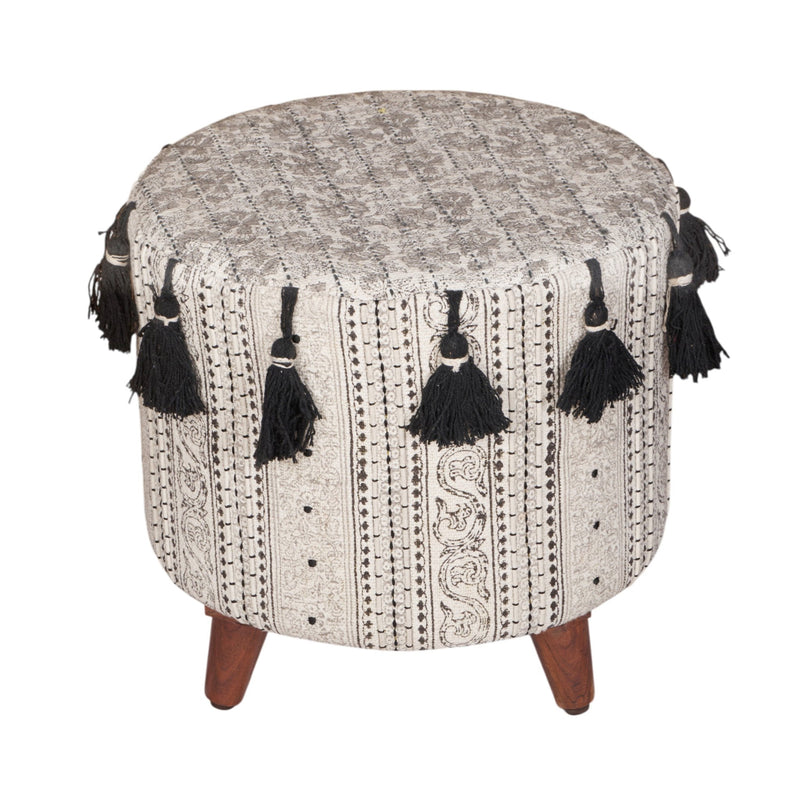 Block-Printed Tasseled Cotton Ottoman by Studio Vastu