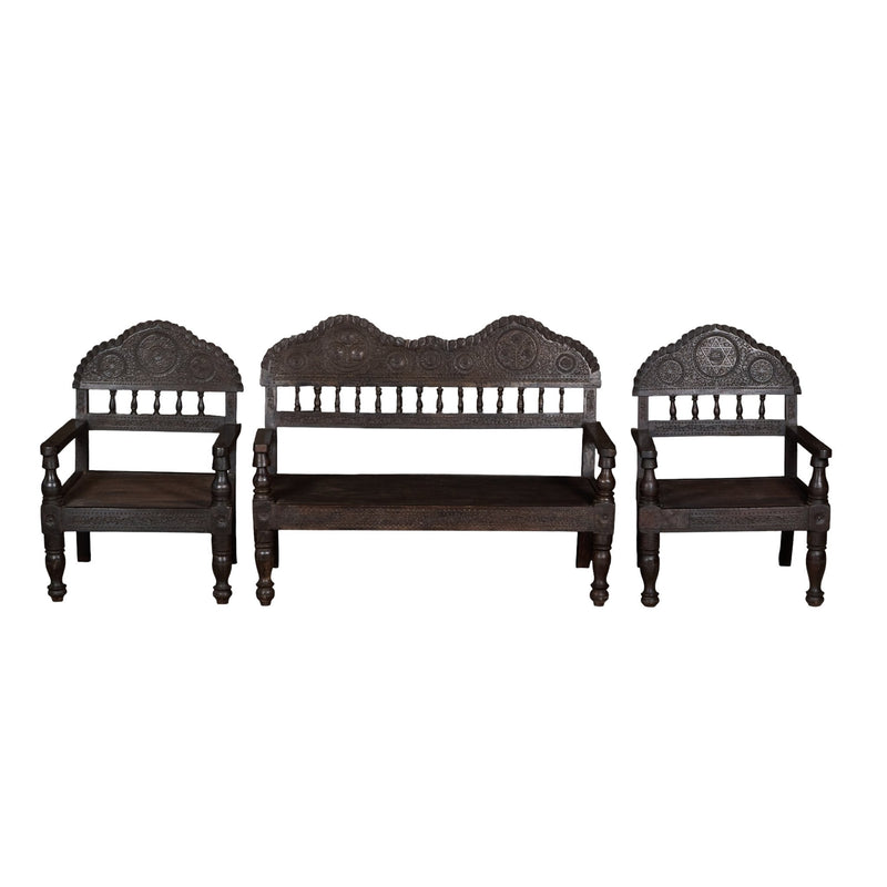 Carved Wood Three-Piece Seating Set by Studio Vastu