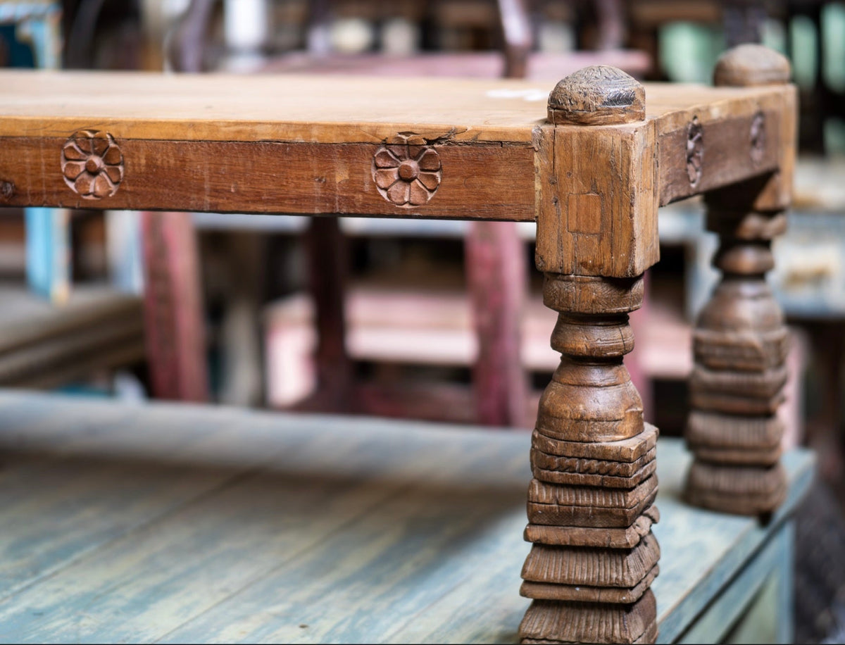 Floral Carved Teak Bajot Coffee Table by Studio Vastu