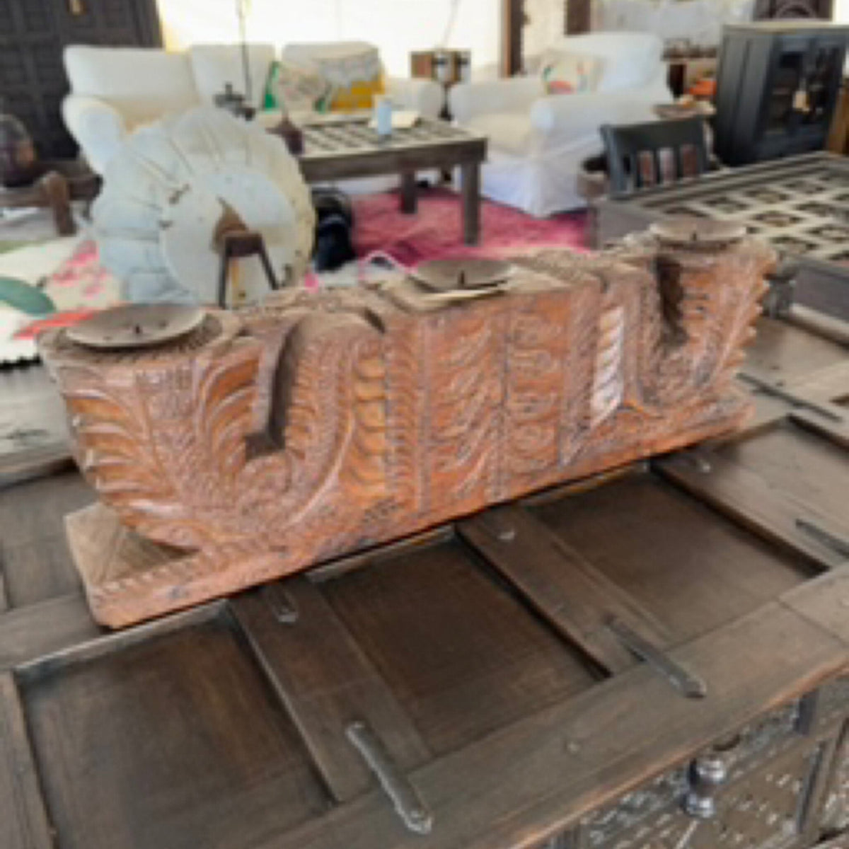 Floral Carved Teak Candle Holder by Studio Vastu