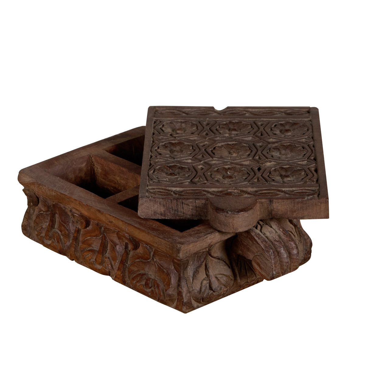Floral Carved Wooden Spice Box by Studio Vastu