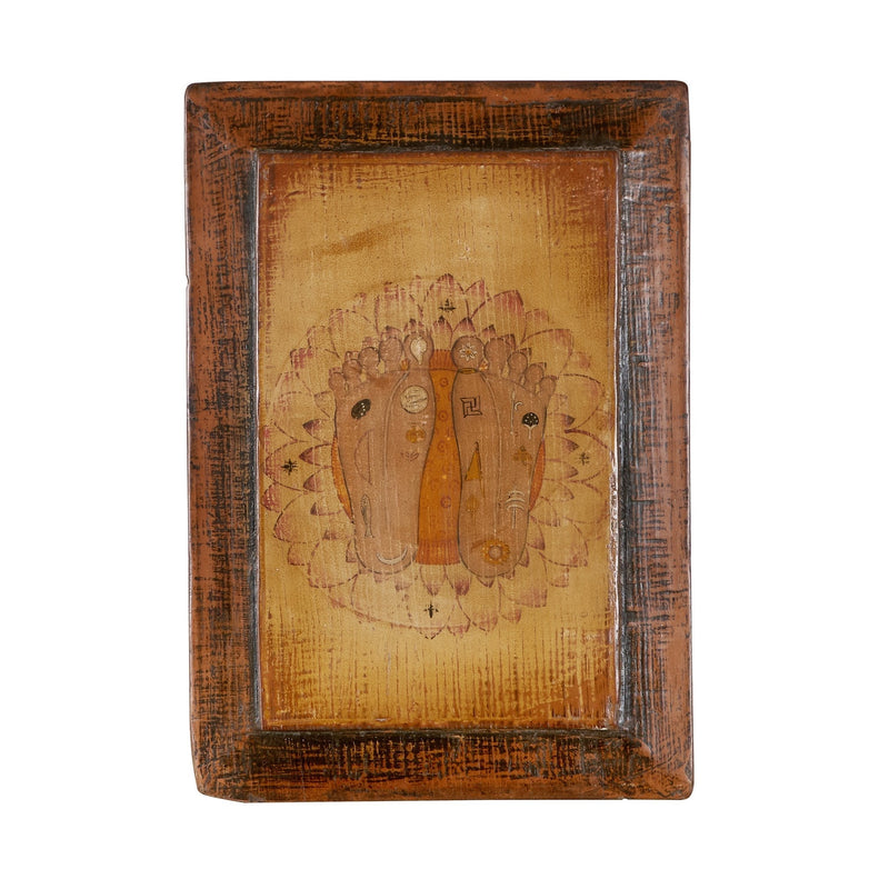 Hand-Painted Charan Paduka Wooden Wall Panel by Studio Vastu