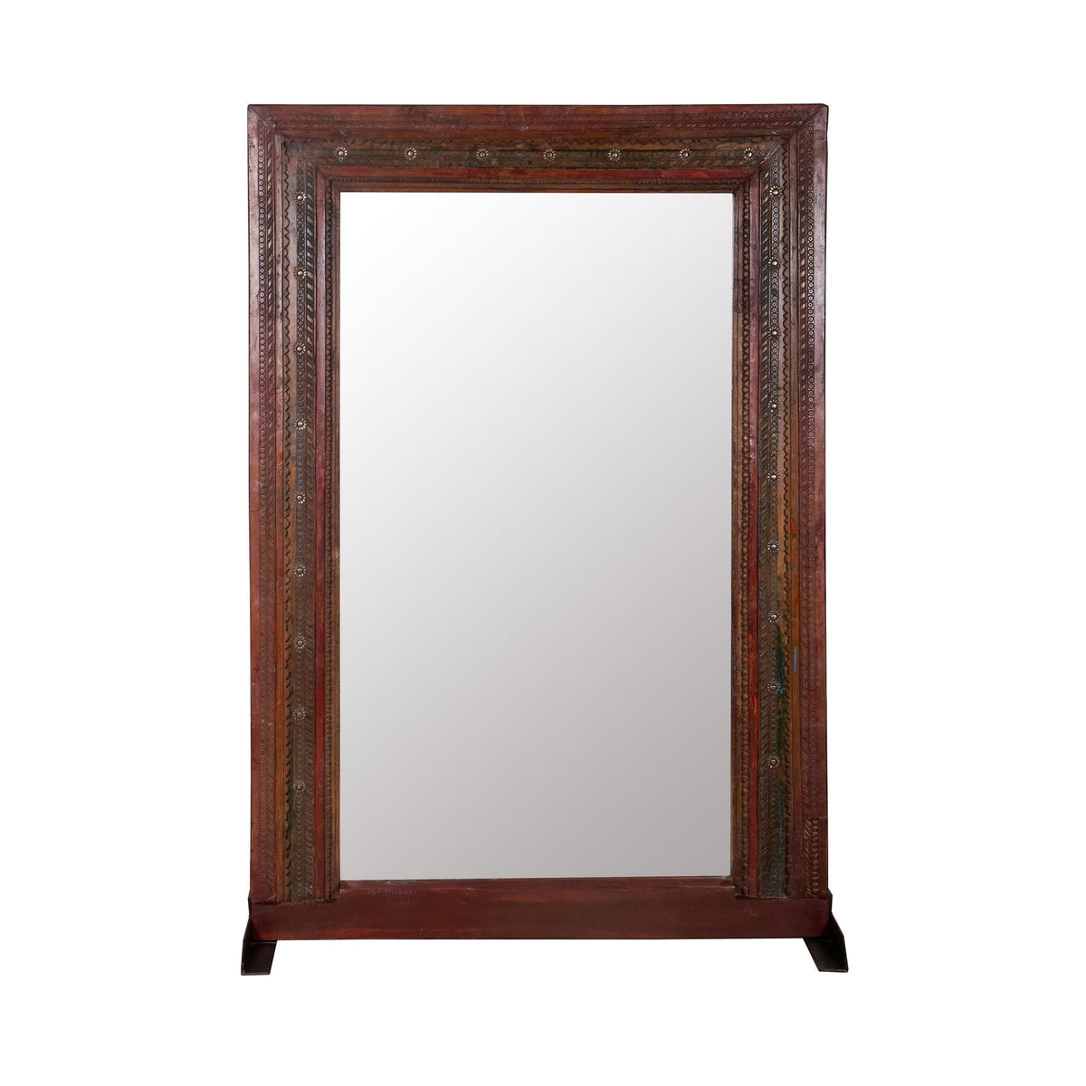 Iron-Studded Carved Wood Floor Mirror by Studio Vastu