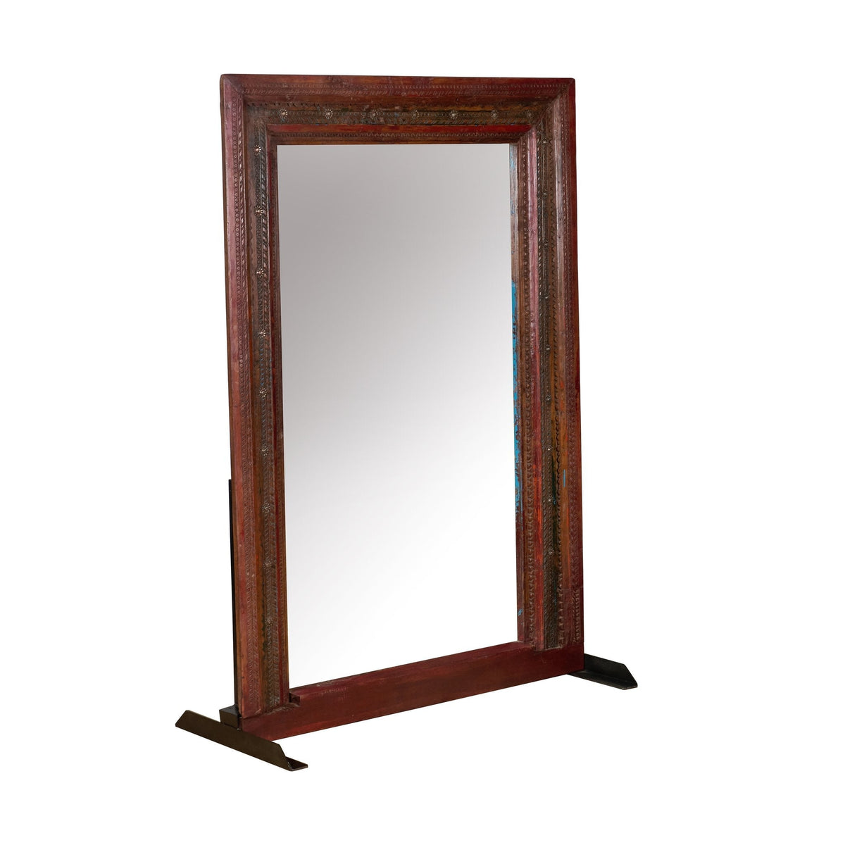 Iron-Studded Carved Wood Floor Mirror by Studio Vastu
