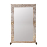 Medallion Carved Whitewashed Wood Floor Mirror by Studio Vastu