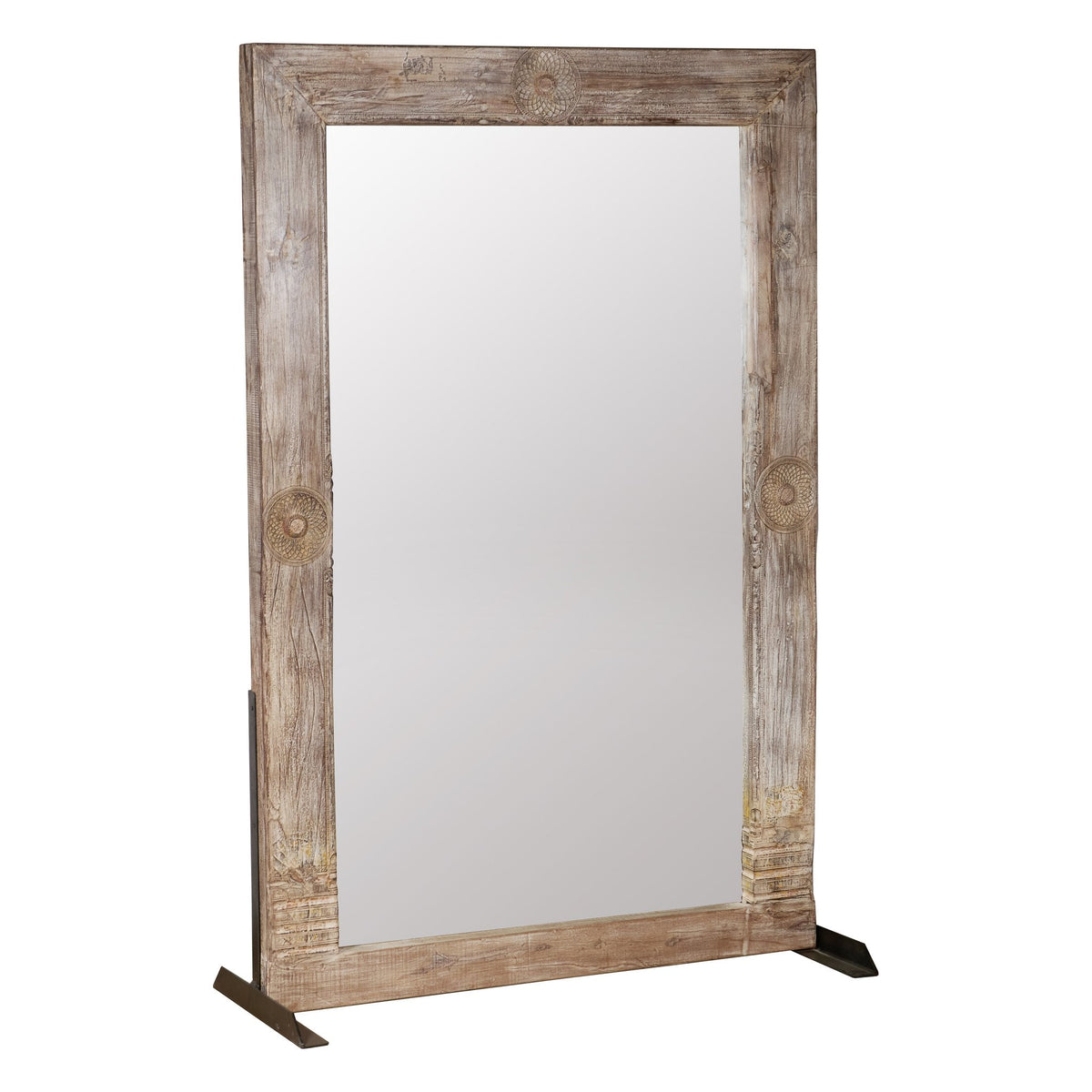Medallion Carved Whitewashed Wood Floor Mirror by Studio Vastu
