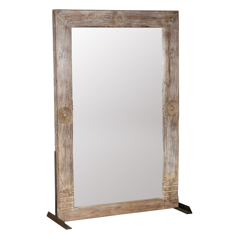 Medallion Carved Whitewashed Wood Floor Mirror by Studio Vastu