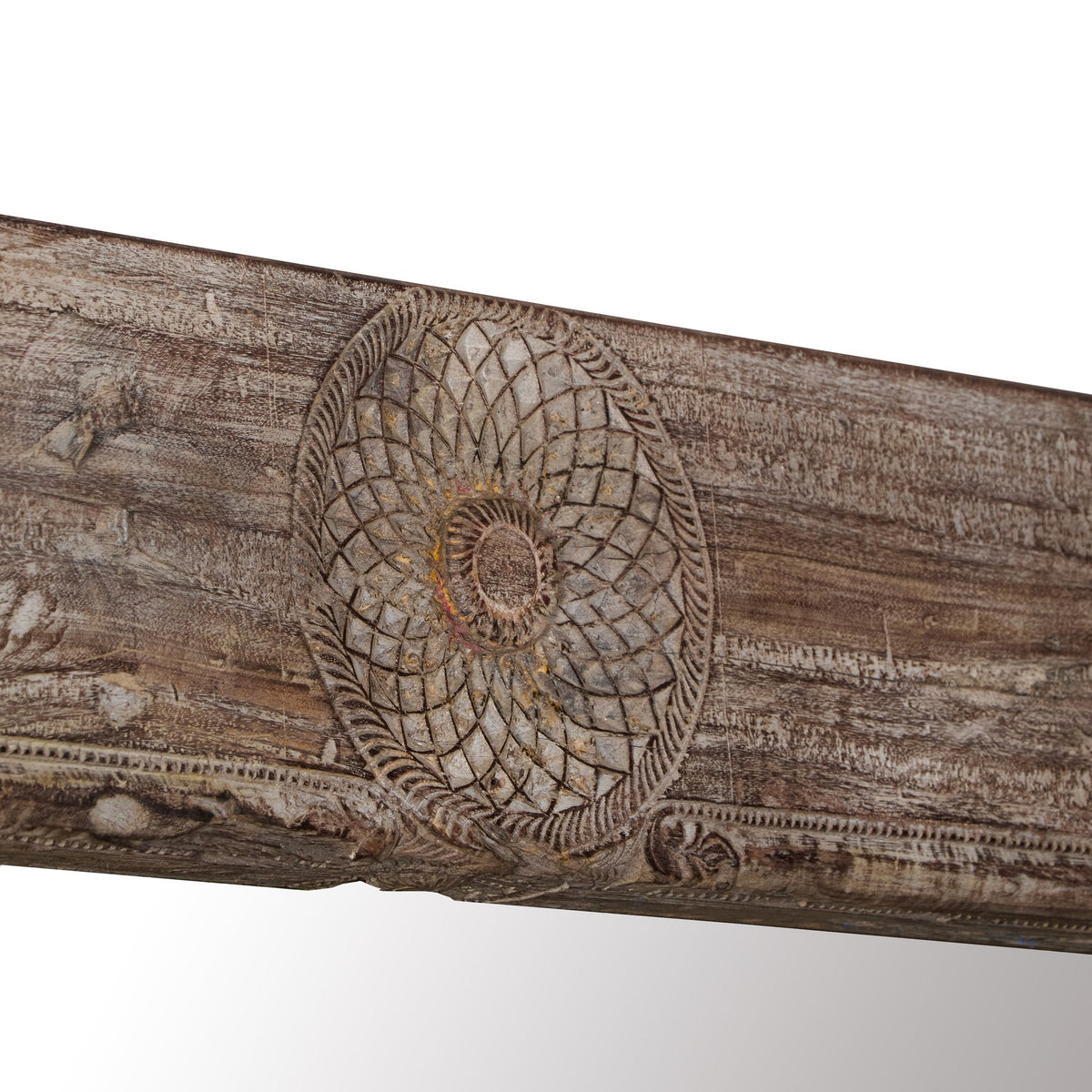 Medallion Carved Whitewashed Wood Floor Mirror by Studio Vastu