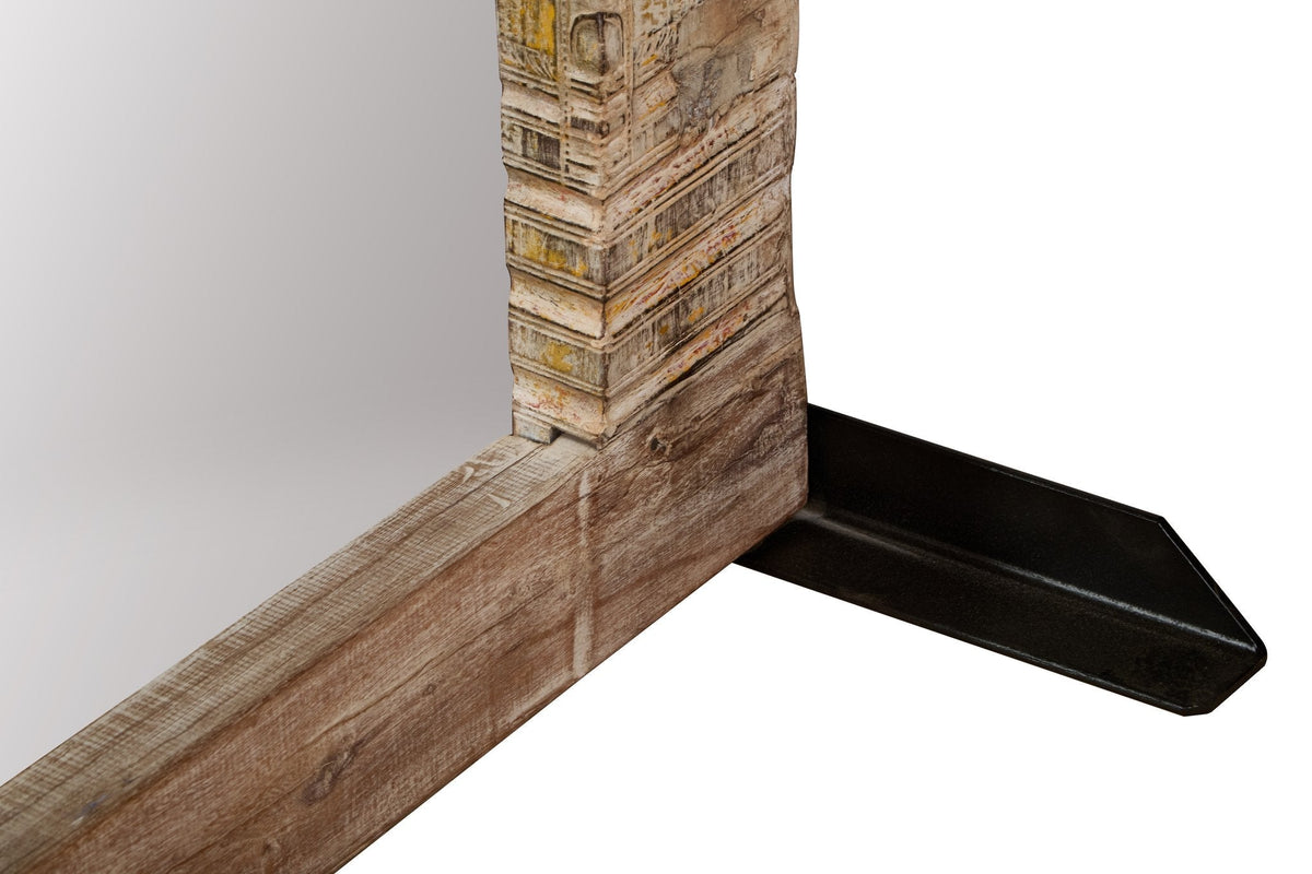 Medallion Carved Whitewashed Wood Floor Mirror by Studio Vastu