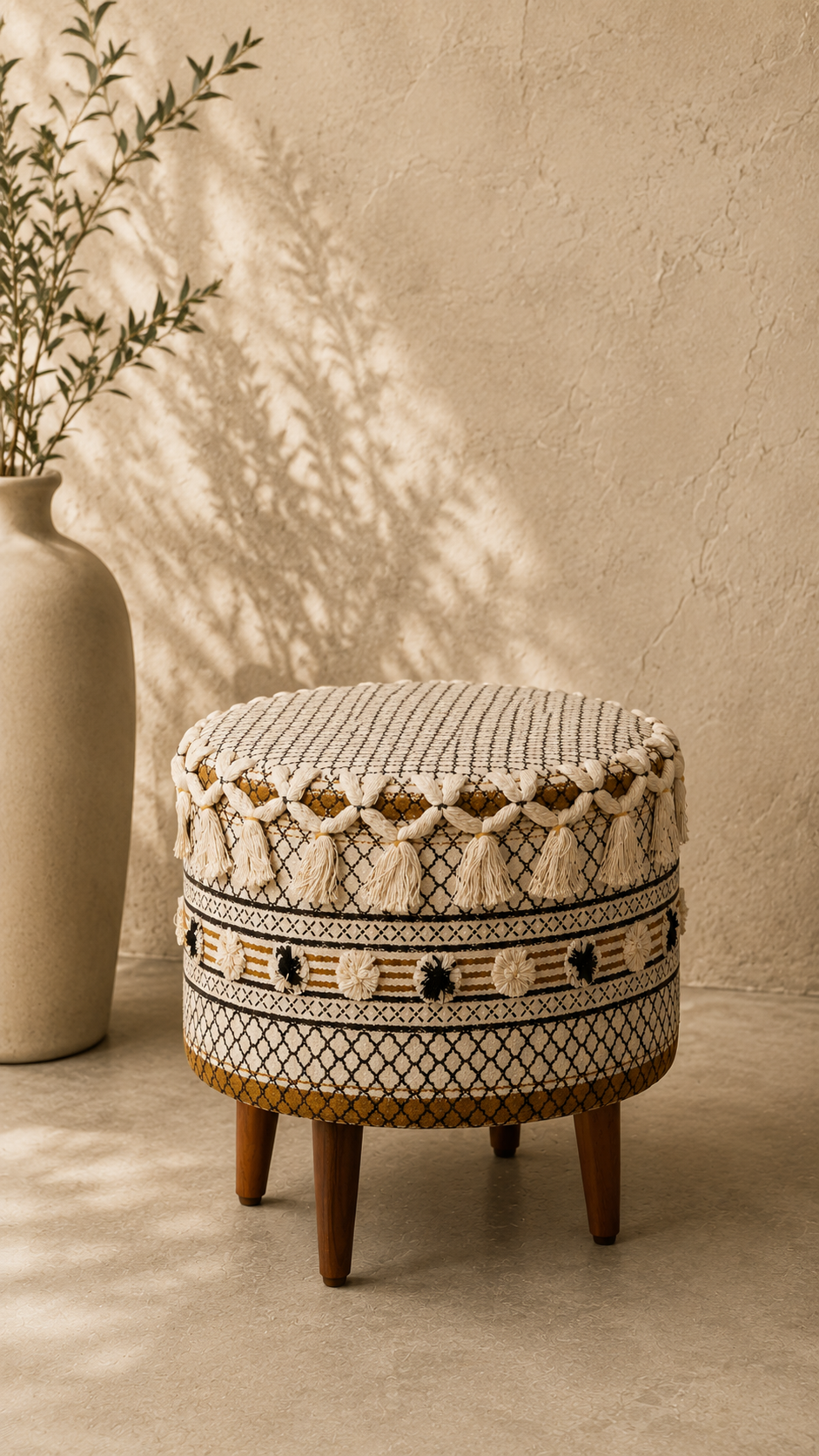 Tasseled Cotton Block Print Ottoman by Studio Vastu