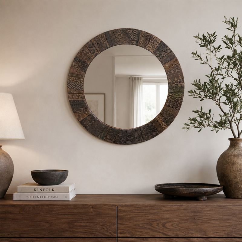 Woodblock Print Round Wall Mirror by Studio Vastu